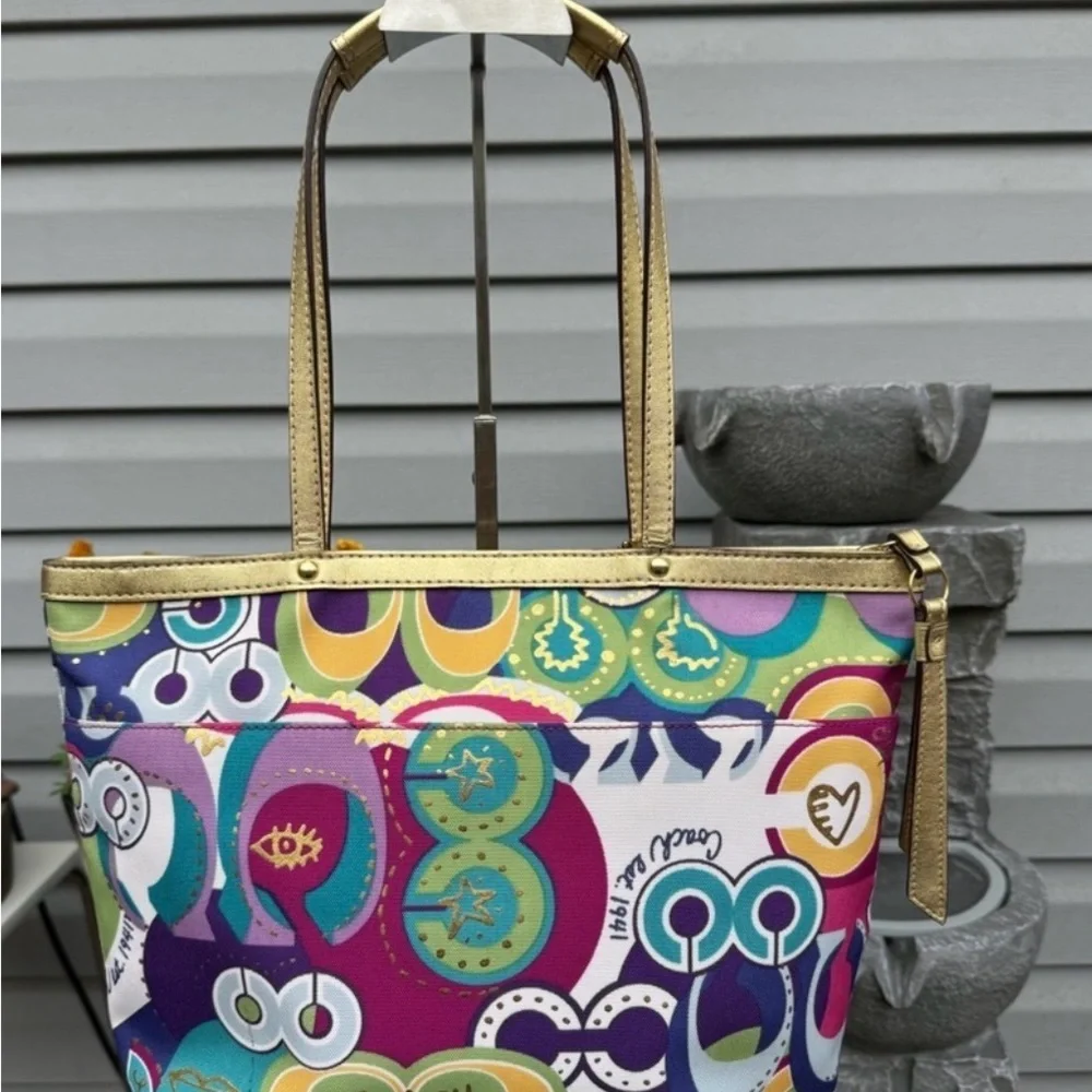 COACH POPPY Colorful Graphic Tote with Gold Handles! Limited Edition! - Picture 4 of 8